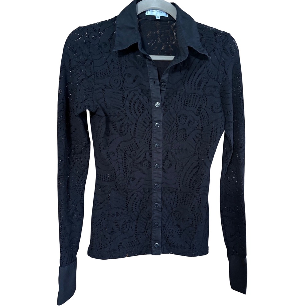 Anne Fontaine Black Lace Button Front Blouse Shirt Women Size‎ 38 Small
